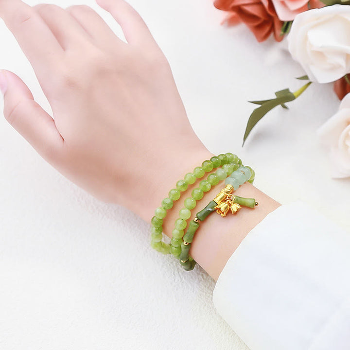 Bracciale Buddha Stones Retro Multistrato Mughetto Bambù Calcedonio Verde Forza - image 9