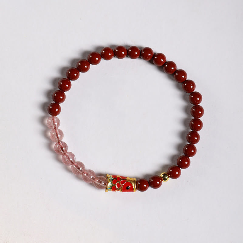 Braccialetto di benedizione con pesce koi portafortuna, cinabro naturale, cristallo rosa Buddha Stones , quarzo fragola - image 3