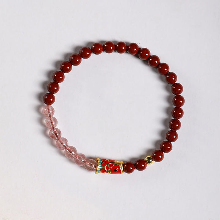 Braccialetto di benedizione con pesce koi portafortuna, cinabro naturale, cristallo rosa Buddha Stones , quarzo fragola - image 3