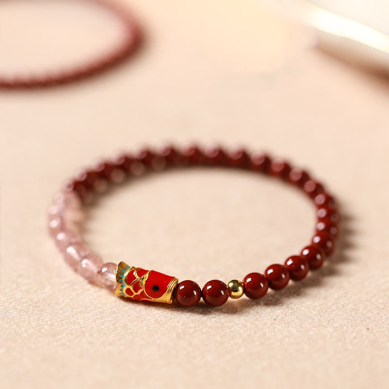 Braccialetto di benedizione con pesce koi portafortuna, cinabro naturale, cristallo rosa Buddha Stones , quarzo fragola - image 3