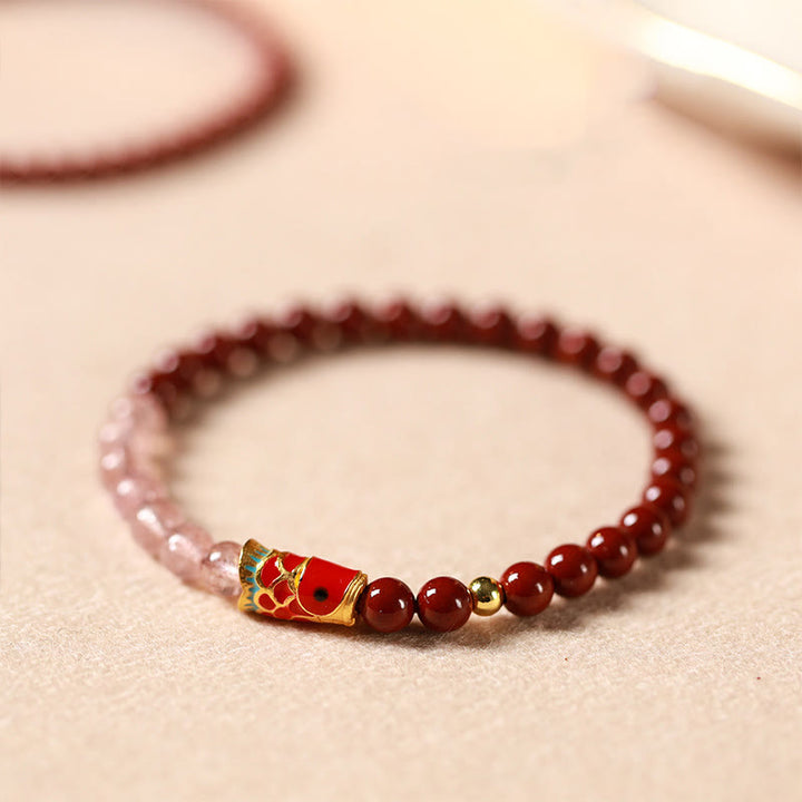 Braccialetto di benedizione con pesce koi portafortuna, cinabro naturale, cristallo rosa Buddha Stones , quarzo fragola - image 3