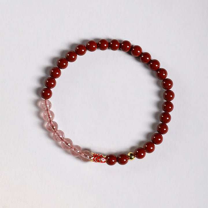 Braccialetto di benedizione con pesce koi portafortuna, cinabro naturale, cristallo rosa Buddha Stones , quarzo fragola - Cinnabar-5mm e quarzo fragola e piccole carpe koi - image 9