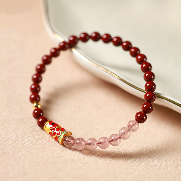 Braccialetto di benedizione con pesce koi portafortuna, cinabro naturale, cristallo rosa Buddha Stones , quarzo fragola - image 1