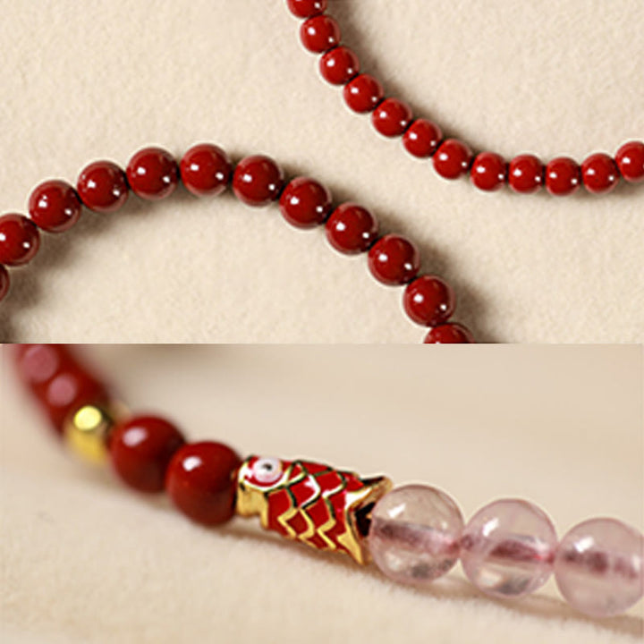 Braccialetto di benedizione con pesce koi portafortuna, cinabro naturale, cristallo rosa Buddha Stones , quarzo fragola - image 16