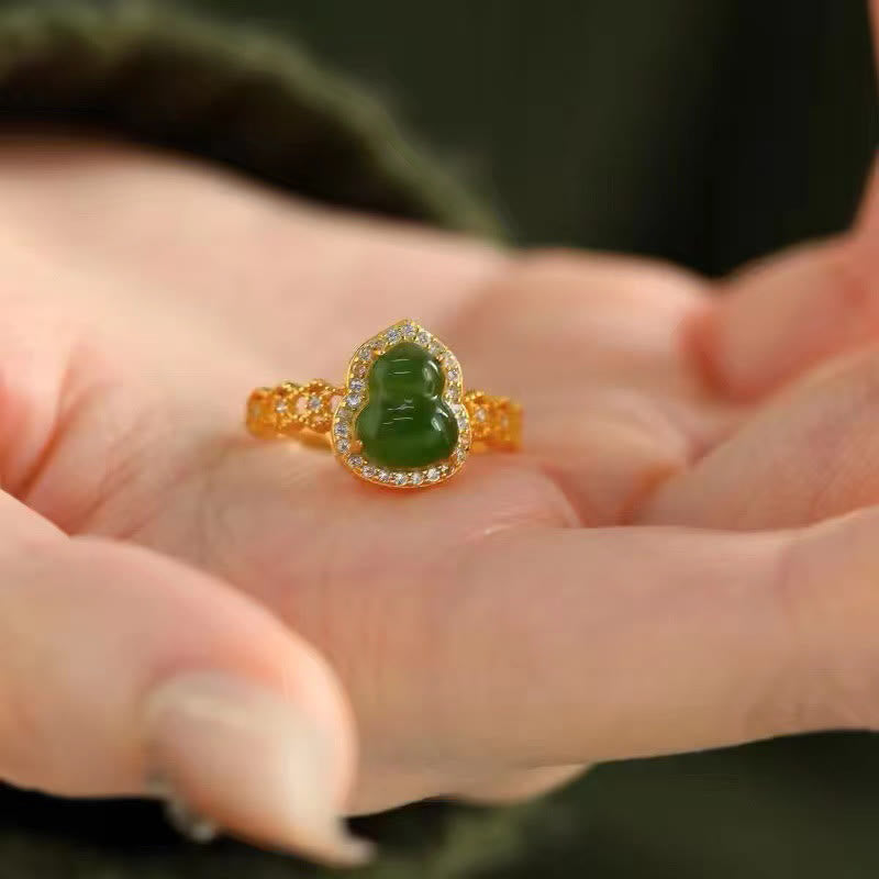 Anello regolabile in oro placcato rame con Buddha Stones, zucca vintage, calcedonio verde