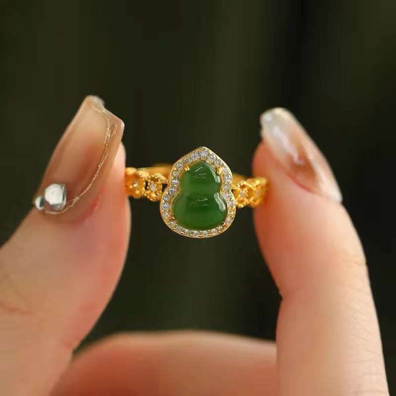 Anello regolabile in oro placcato rame con Buddha Stones, zucca vintage, calcedonio verde