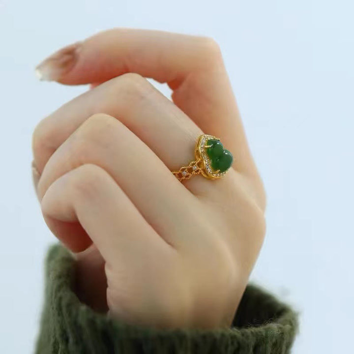 Anello regolabile in oro placcato rame con Buddha Stones, zucca vintage, calcedonio verde