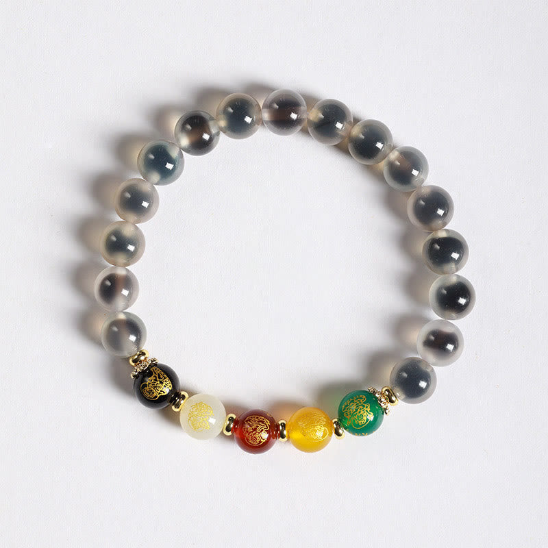 Bracciale dell'armonia dei Cinque Dei della Ricchezza in Agata Caramella Naturale Colorata Buddha Stones - Agata bianca caramellata (circonferenza del polso: 14-15 cm) - image 5
