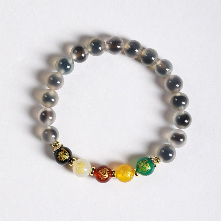 Bracciale dell'armonia dei Cinque Dei della Ricchezza in Agata Caramella Naturale Colorata Buddha Stones - Agata bianca caramellata (circonferenza del polso: 14-15 cm) - image 5