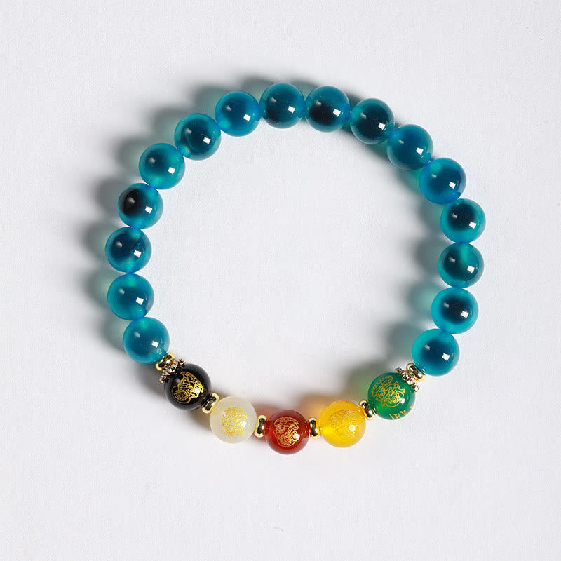Bracciale dell'armonia dei Cinque Dei della Ricchezza in Agata Caramella Naturale Colorata Buddha Stones - Agata blu caramella (circonferenza del polso: 14-15 cm) - image 1