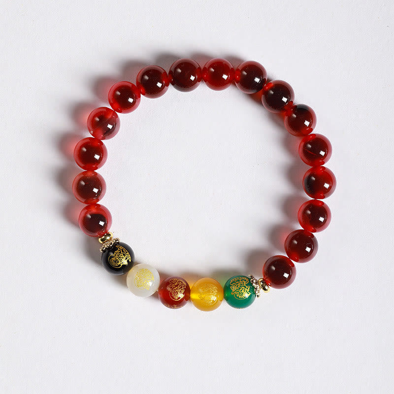 Bracciale dell'armonia dei Cinque Dei della Ricchezza in Agata Caramella Naturale Colorata Buddha Stones - Agata rossa caramella (circonferenza del polso: 14-15 cm) - image 2