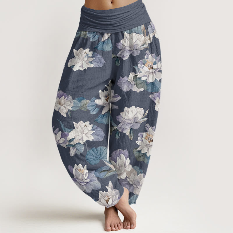 Pantaloni harem da donna con elastico in vita, casual ed eleganti, con stampa di loto Buddha Stones - Grigio ardesia chiaro - US22, UK/AU26, EU54 (6XL) - image 1