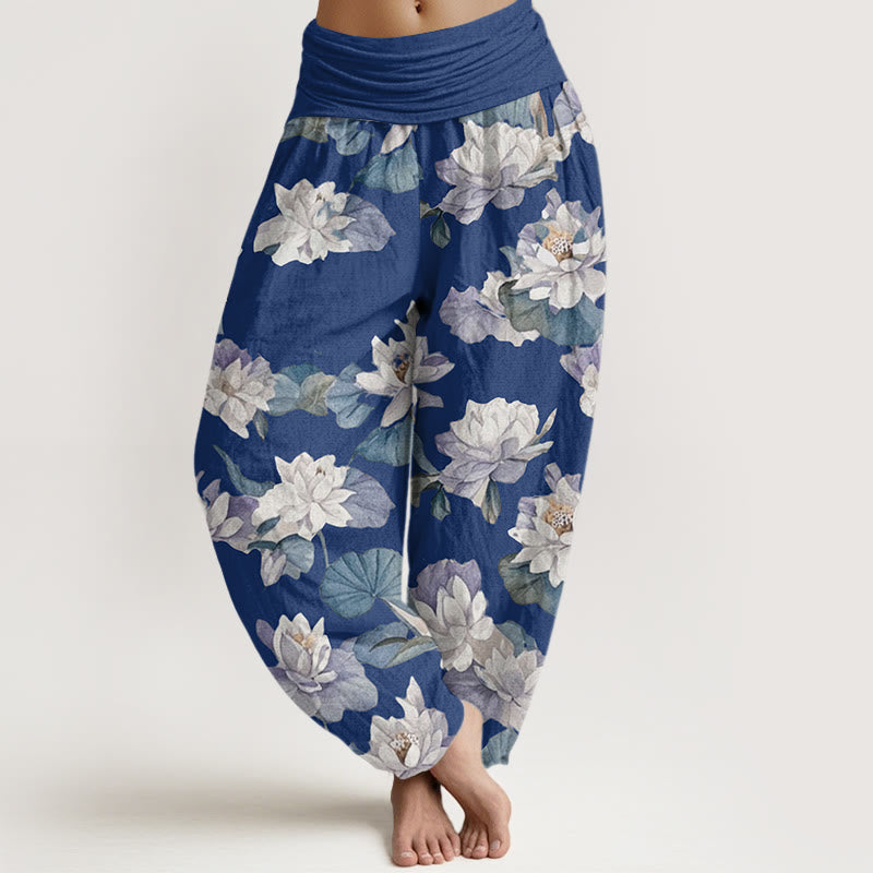 Pantaloni harem da donna con elastico in vita, casual ed eleganti, con stampa di loto Buddha Stones - Blu Reale - US22, UK/AU26, EU54 (6XL) - image 5