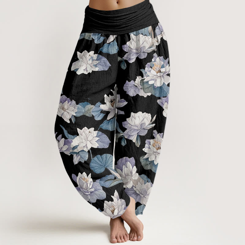 Pantaloni harem da donna con elastico in vita, casual ed eleganti, con stampa di loto Buddha Stones - Nero - US22, UK/AU26, EU54 (6XL) - image 8