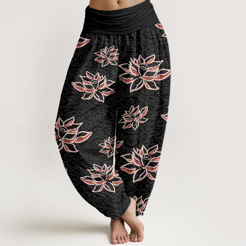 Pantaloni harem da donna con elastico in vita e motivo a linee di loto, stile casual, motivo Buddha Stones - Nero - US22, UK/AU26, EU54 (6XL) - image 1