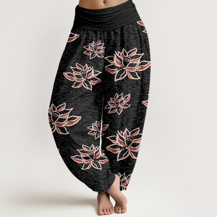 Pantaloni harem da donna con elastico in vita e motivo a linee di loto, stile casual, motivo Buddha Stones - Nero - US22, UK/AU26, EU54 (6XL) - image 1