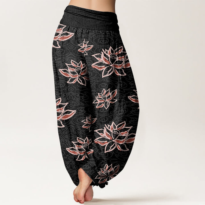 Pantaloni harem da donna con elastico in vita e motivo a linee di loto, stile casual, motivo Buddha Stones - image 3
