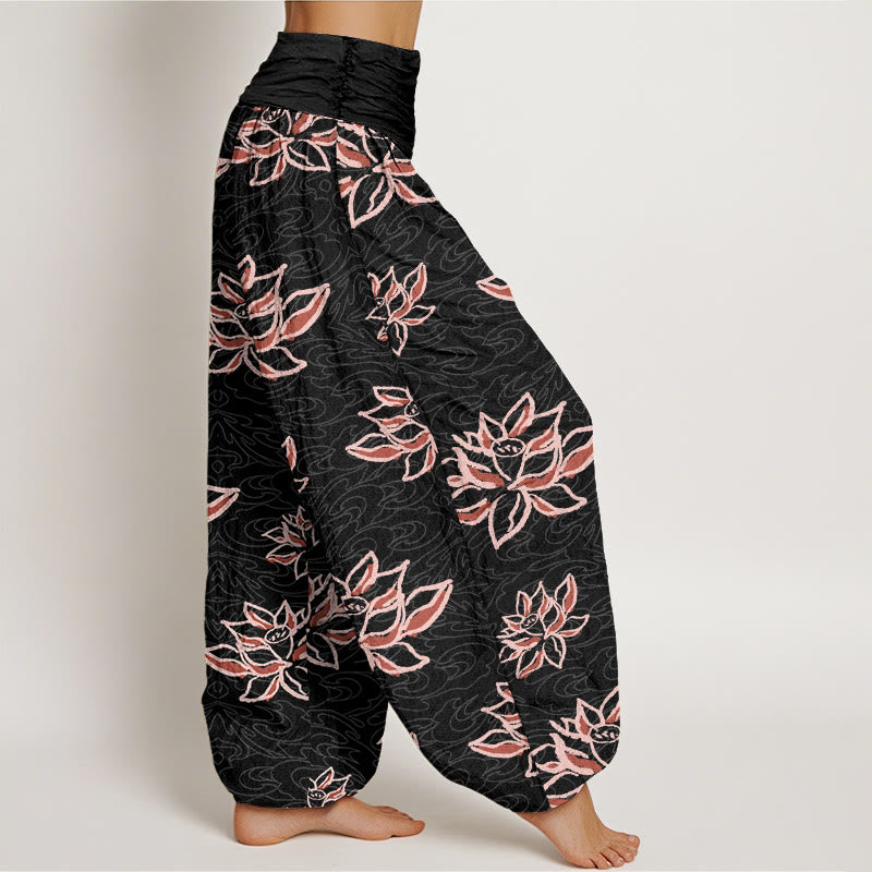 Pantaloni harem da donna con elastico in vita e motivo a linee di loto, stile casual, motivo Buddha Stones - image 2