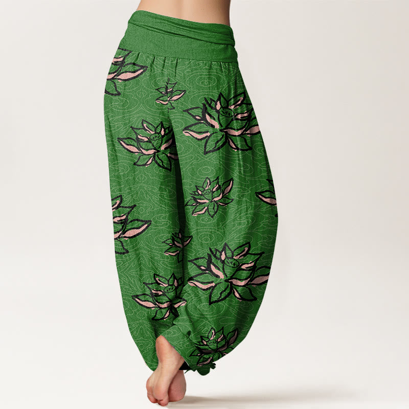 Pantaloni harem da donna con elastico in vita e motivo a linee di loto, stile casual, motivo Buddha Stones - image 7