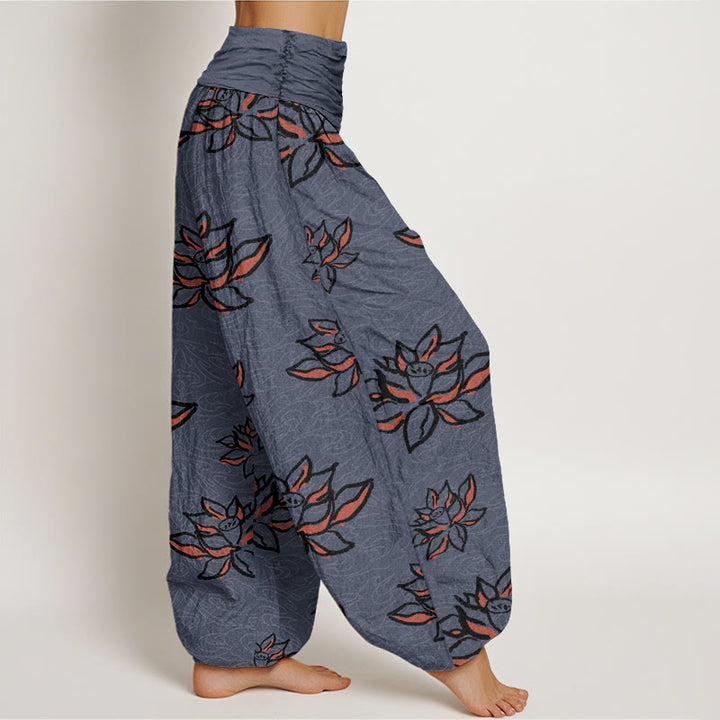 Pantaloni harem da donna con elastico in vita e motivo a linee di loto, stile casual, motivo Buddha Stones - image 9