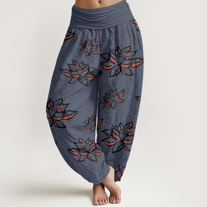 Pantaloni harem da donna con elastico in vita e motivo a linee di loto, stile casual, motivo Buddha Stones - Blu notte - US22, UK/AU26, EU54 (6XL) - image 8