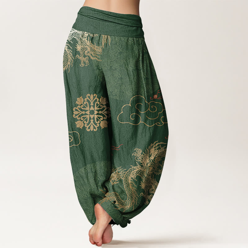 Pantaloni harem da donna con elastico in vita, modello casual con drago dorato e nuvola propizia, motivo Buddha Stones - image 2