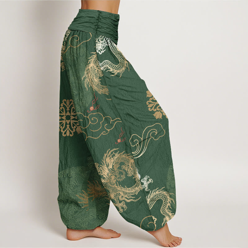 Pantaloni harem da donna in cotone con elastico in vita, motivo drago dorato e nuvola propiziatoria, stile casual , Buddha Stones - image 1