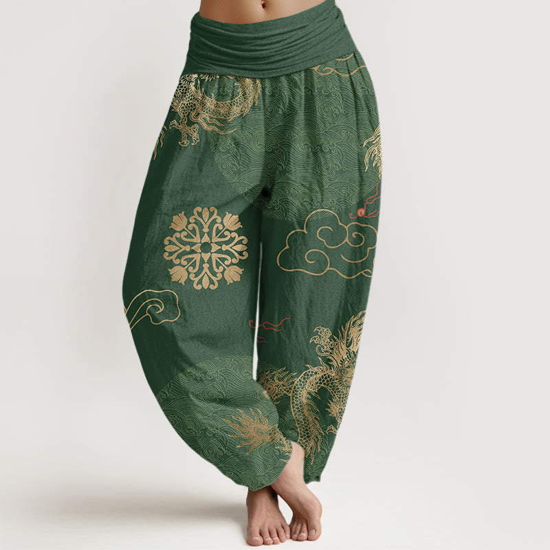 Pantaloni harem da donna con elastico in vita, modello casual con drago dorato e nuvola propizia, motivo Buddha Stones - Verde foresta - US22, UK/AU26, EU54 (6XL) - image 0