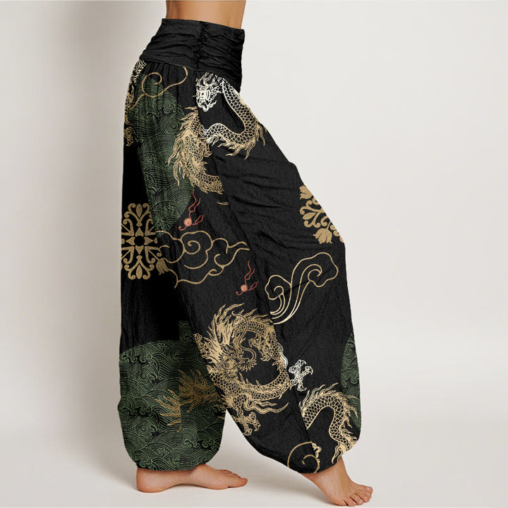 Pantaloni harem da donna con elastico in vita, modello casual con drago dorato e nuvola propizia, motivo Buddha Stones - image 5