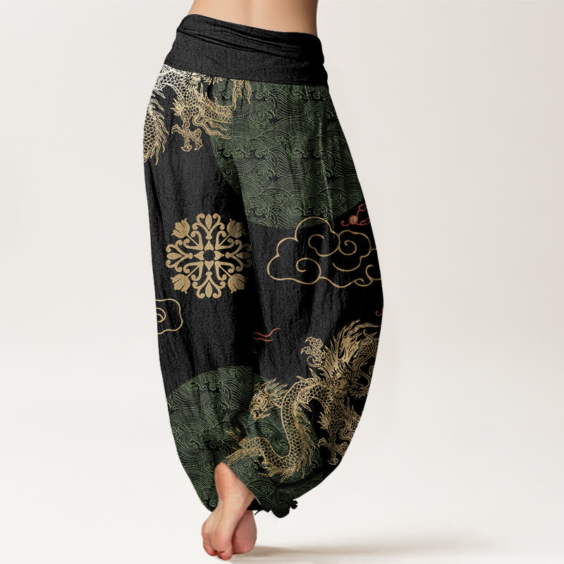 Pantaloni harem da donna con elastico in vita, modello casual con drago dorato e nuvola propizia, motivo Buddha Stones - image 6