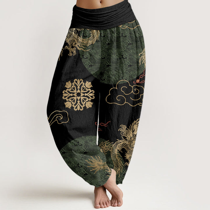 Pantaloni harem da donna con elastico in vita, modello casual con drago dorato e nuvola propizia, motivo Buddha Stones - Nero - US22, UK/AU26, EU54 (6XL) - image 5