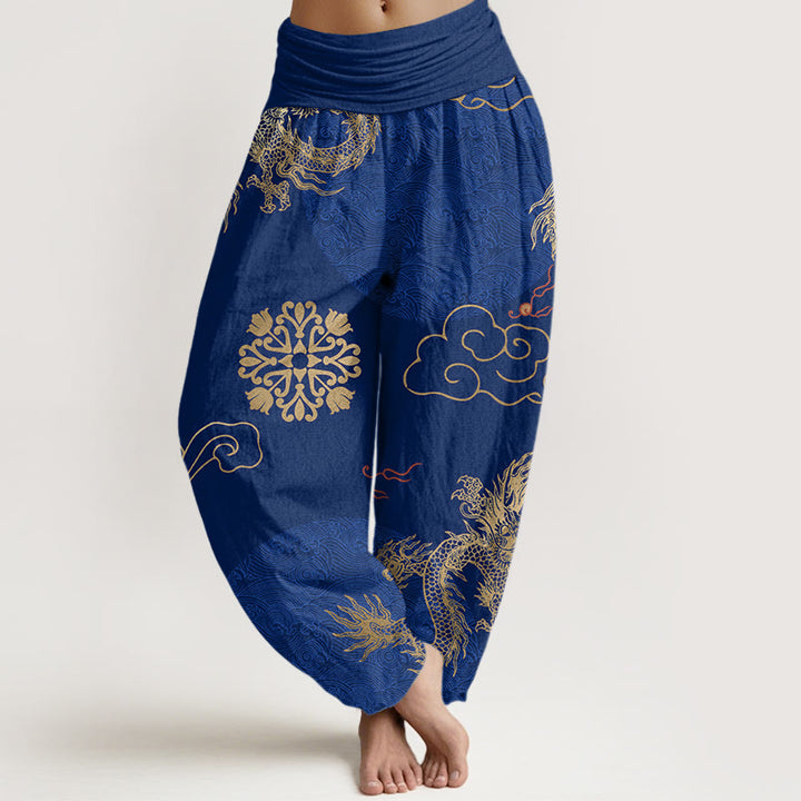 Pantaloni harem da donna in cotone con elastico in vita, motivo drago dorato e nuvola propiziatoria, stile casual , Buddha Stones - Blu medio - US22, UK/AU26, EU54 (6XL) - image 7