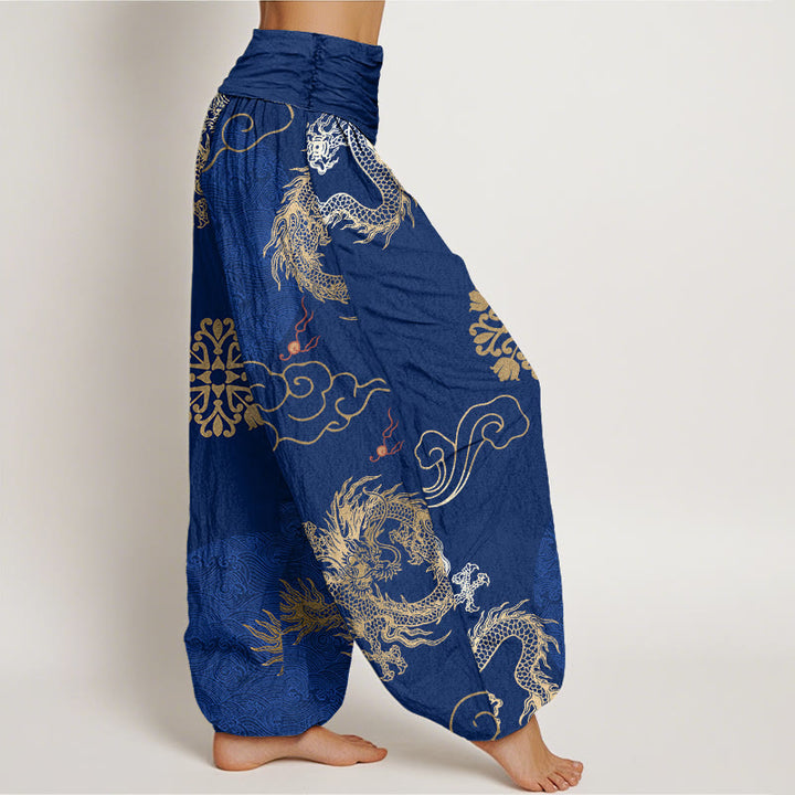 Pantaloni harem da donna in cotone con elastico in vita, motivo drago dorato e nuvola propiziatoria, stile casual , Buddha Stones - image 8