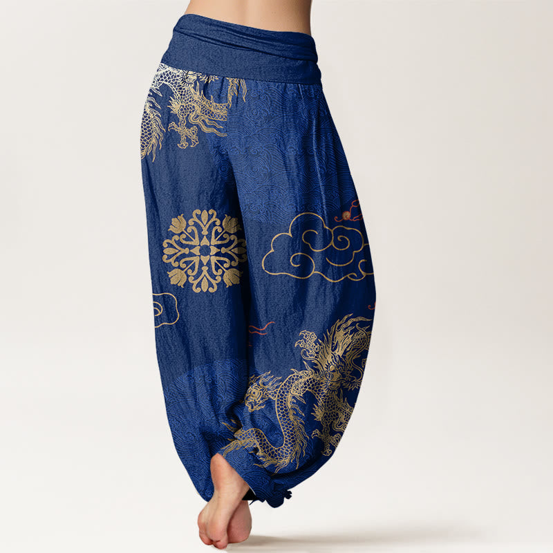 Pantaloni harem da donna con elastico in vita, modello casual con drago dorato e nuvola propizia, motivo Buddha Stones - image 9