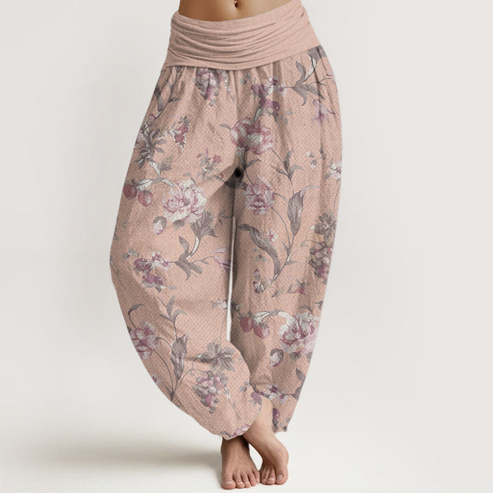 Pantaloni harem da donna con elastico in vita, in puro cotone, modello casual con fiori rosa, motivo Buddha Stones