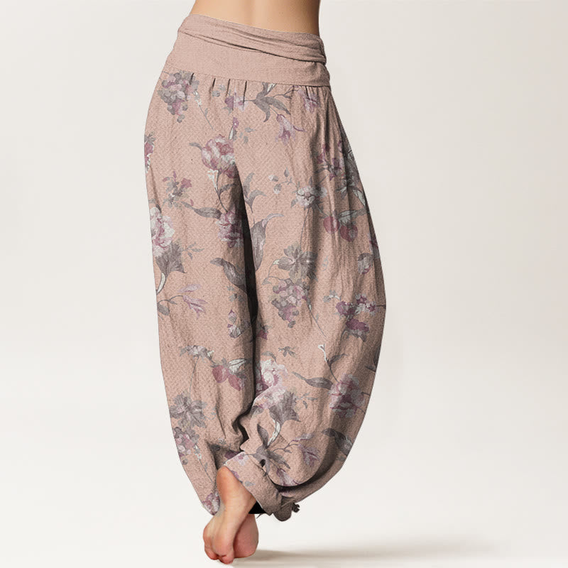 Pantaloni harem da donna con elastico in vita, in puro cotone, modello casual con fiori rosa, motivo Buddha Stones