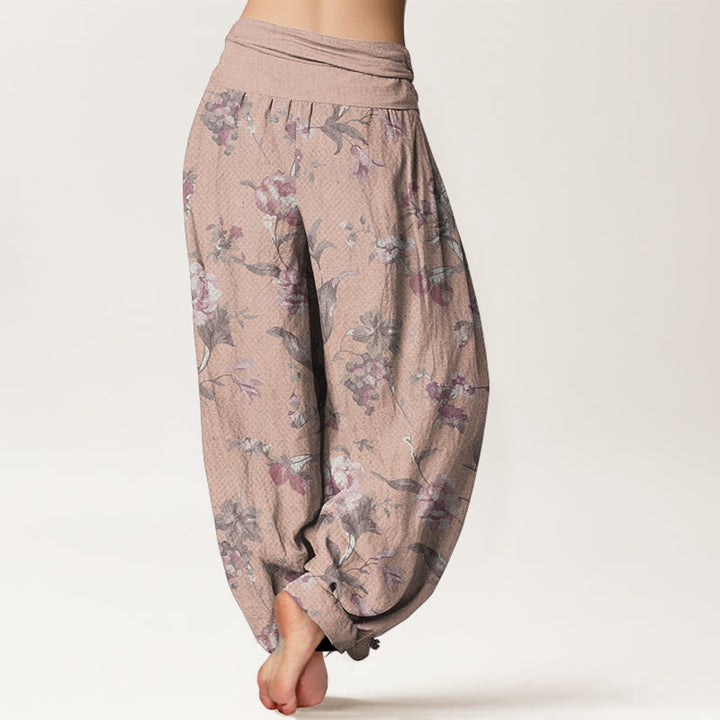 Pantaloni harem da donna con elastico in vita, in puro cotone, modello casual con fiori rosa, motivo Buddha Stones
