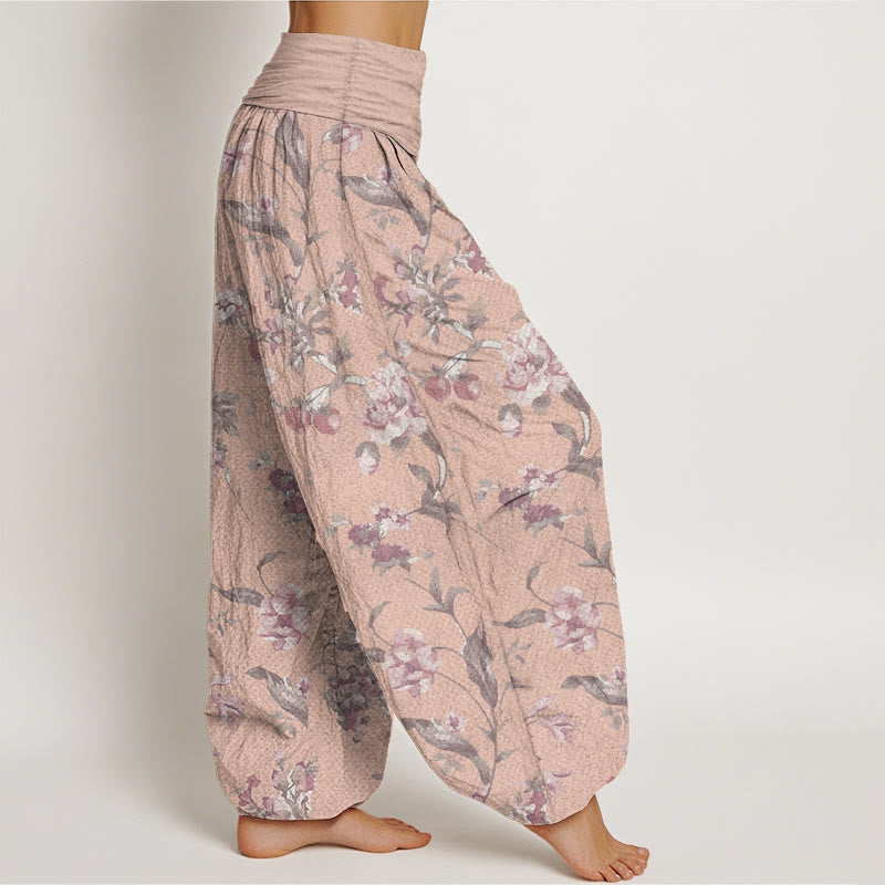 Pantaloni harem da donna con elastico in vita, in puro cotone, modello casual con fiori rosa, motivo Buddha Stones