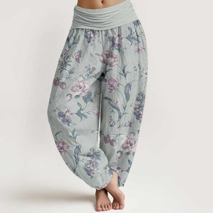 Pantaloni harem da donna con elastico in vita, in puro cotone, modello casual con fiori rosa, motivo Buddha Stones