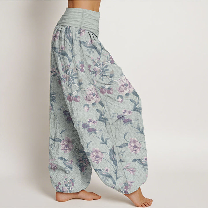 Pantaloni harem da donna con elastico in vita, in puro cotone, modello casual con fiori rosa, motivo Buddha Stones