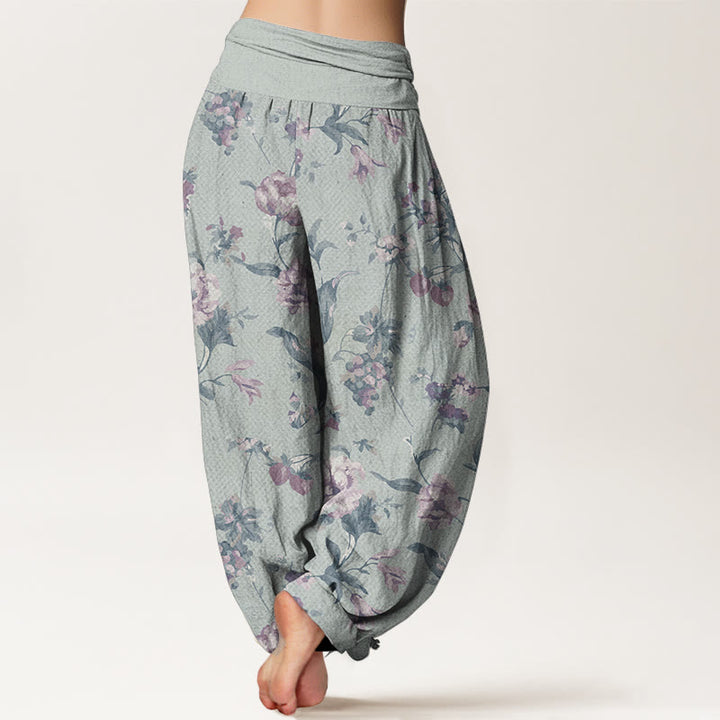 Pantaloni harem da donna con elastico in vita, in puro cotone, modello casual con fiori rosa, motivo Buddha Stones