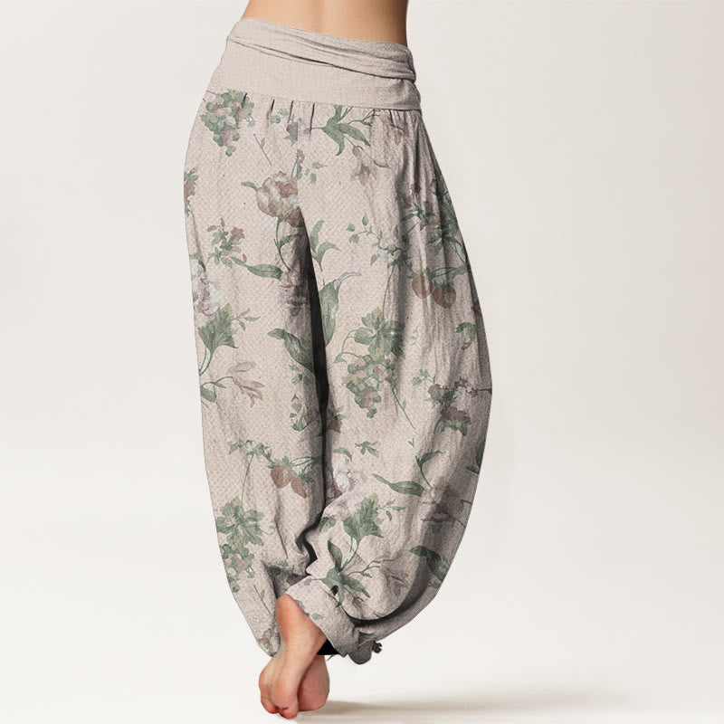 Pantaloni harem da donna con elastico in vita, in puro cotone, modello casual con fiori rosa, motivo Buddha Stones - image 1