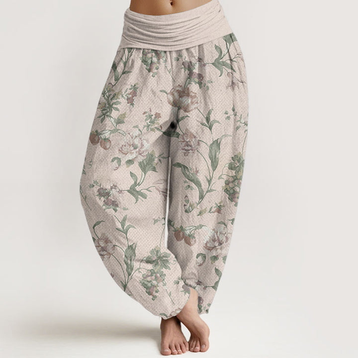 Pantaloni harem da donna con elastico in vita, in puro cotone, modello casual con fiori rosa, motivo Buddha Stones