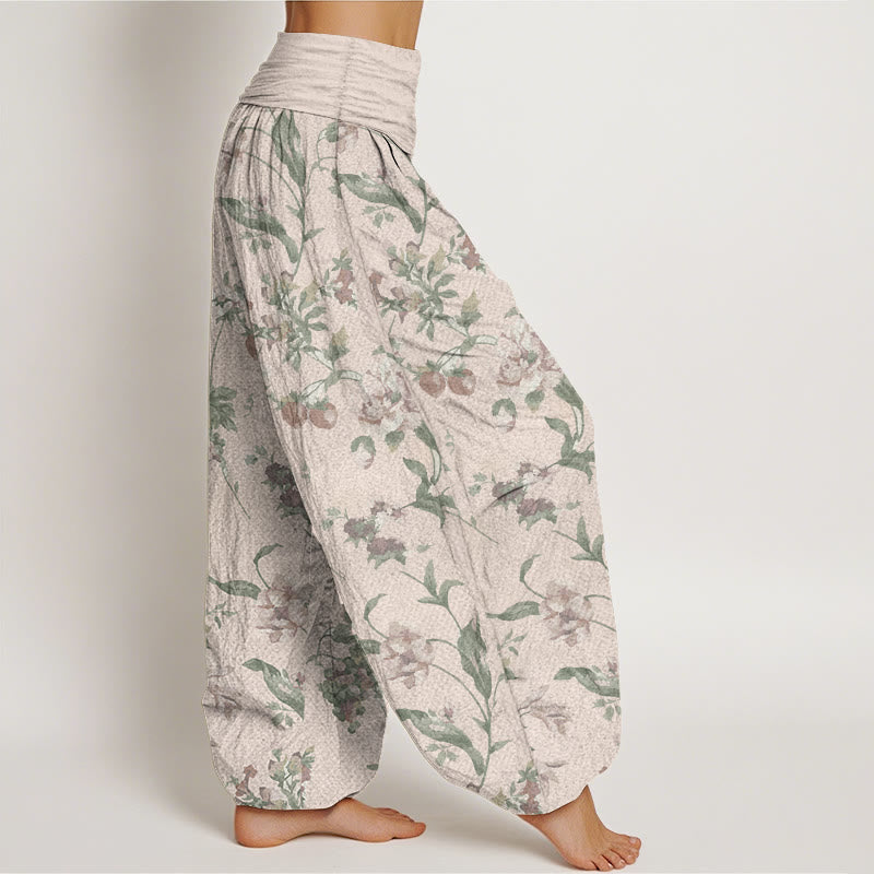 Pantaloni harem da donna con elastico in vita, in puro cotone, modello casual con fiori rosa, motivo Buddha Stones - image 2