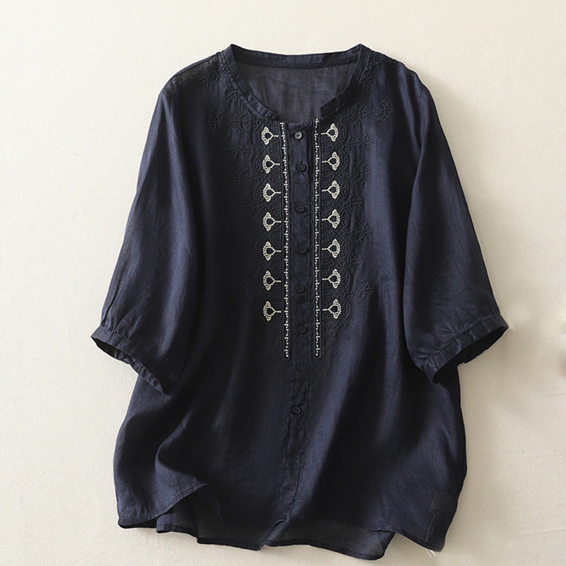 Camicia da donna in lino e cotone con ricamo simmetrico Buddha Stones - Blu notte - US8-10, UK/AU12-14, EU40-42 (2XL) - image 1