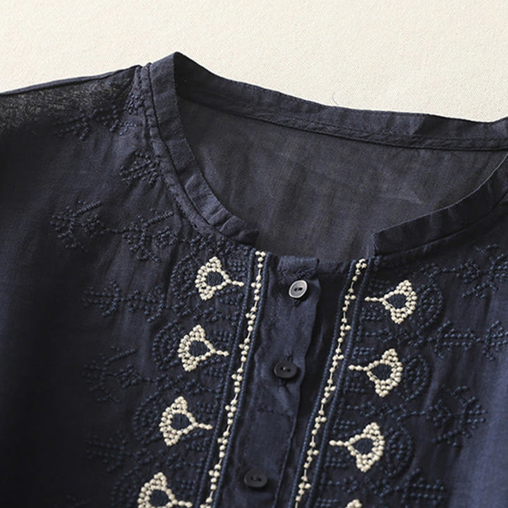Camicia da donna in lino e cotone con ricamo simmetrico Buddha Stones - image 3