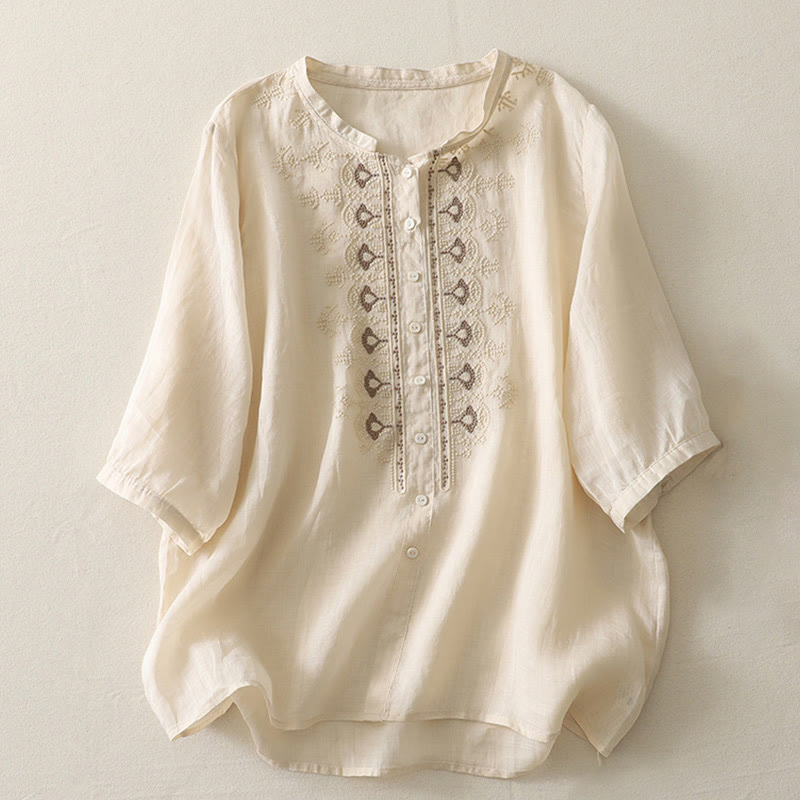 Camicia da donna in lino e cotone con ricamo simmetrico Buddha Stones - Verga d'oro chiaraGiallo - US8-10, UK/AU12-14, EU40-42 (2XL) - image 18