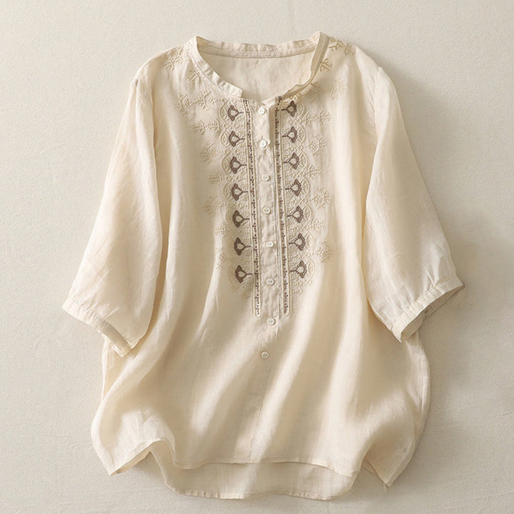 Camicia da donna in lino e cotone con ricamo simmetrico Buddha Stones - Verga d'oro chiaraGiallo - US8-10, UK/AU12-14, EU40-42 (2XL) - image 18