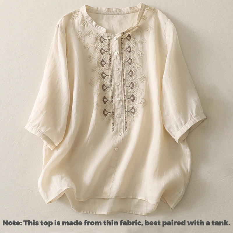 Camicia da donna in lino e cotone con ricamo simmetrico Buddha Stones - image 19