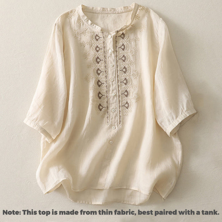 Camicia da donna in lino e cotone con ricamo simmetrico Buddha Stones - image 19